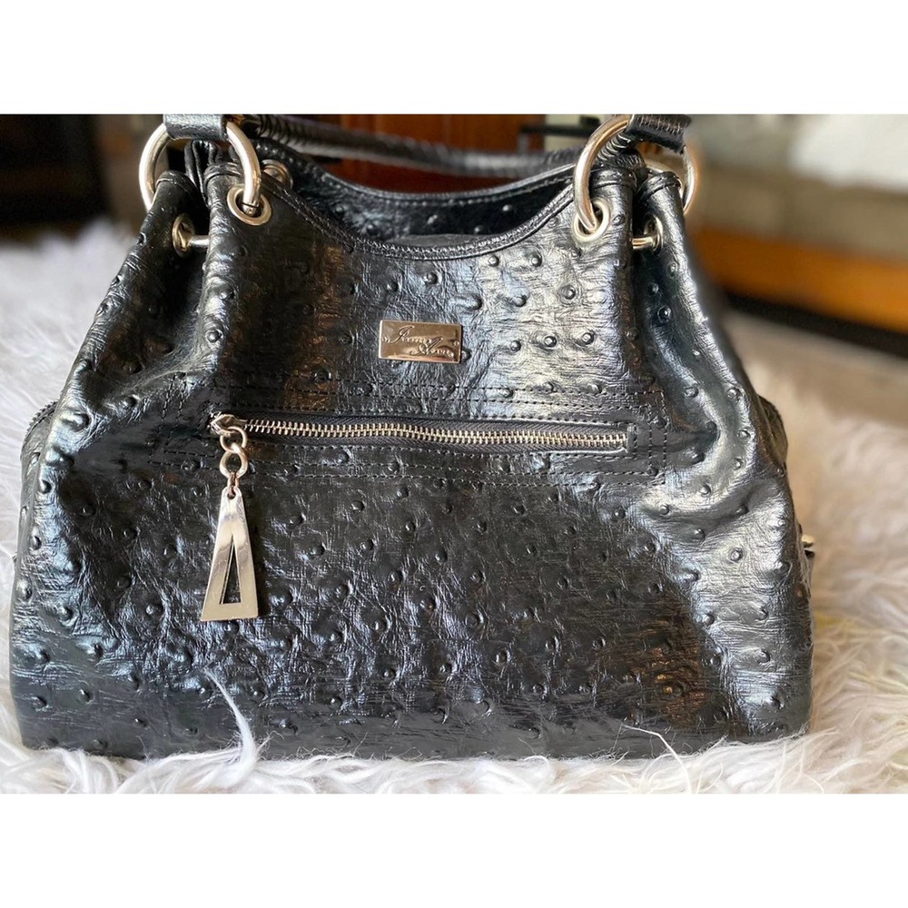 Isabella Adams Handbag Large Ostrich Embossed Black Leather Hobo Bag